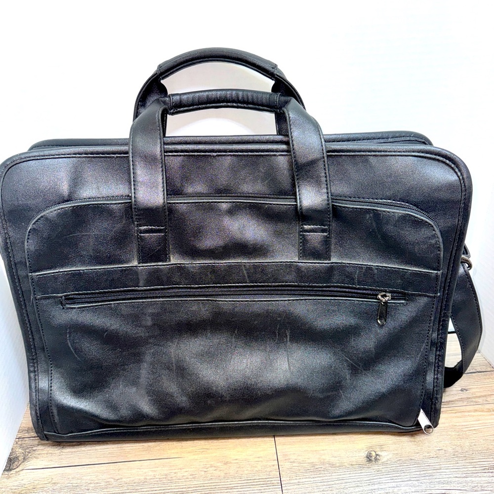 Men's Black Leather Laptop Briefcase with Multiple Pockets and Zippers